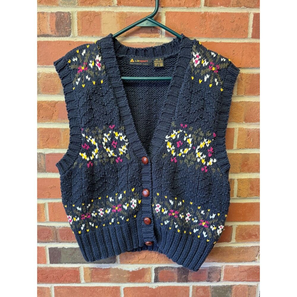 Vintage Liz Sport Knit Vest Fair Isle Button Front Small